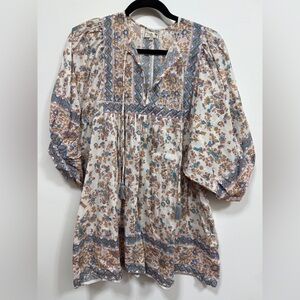 Lightweight Floral Peasant Blouse - Cream with Blue & Brown